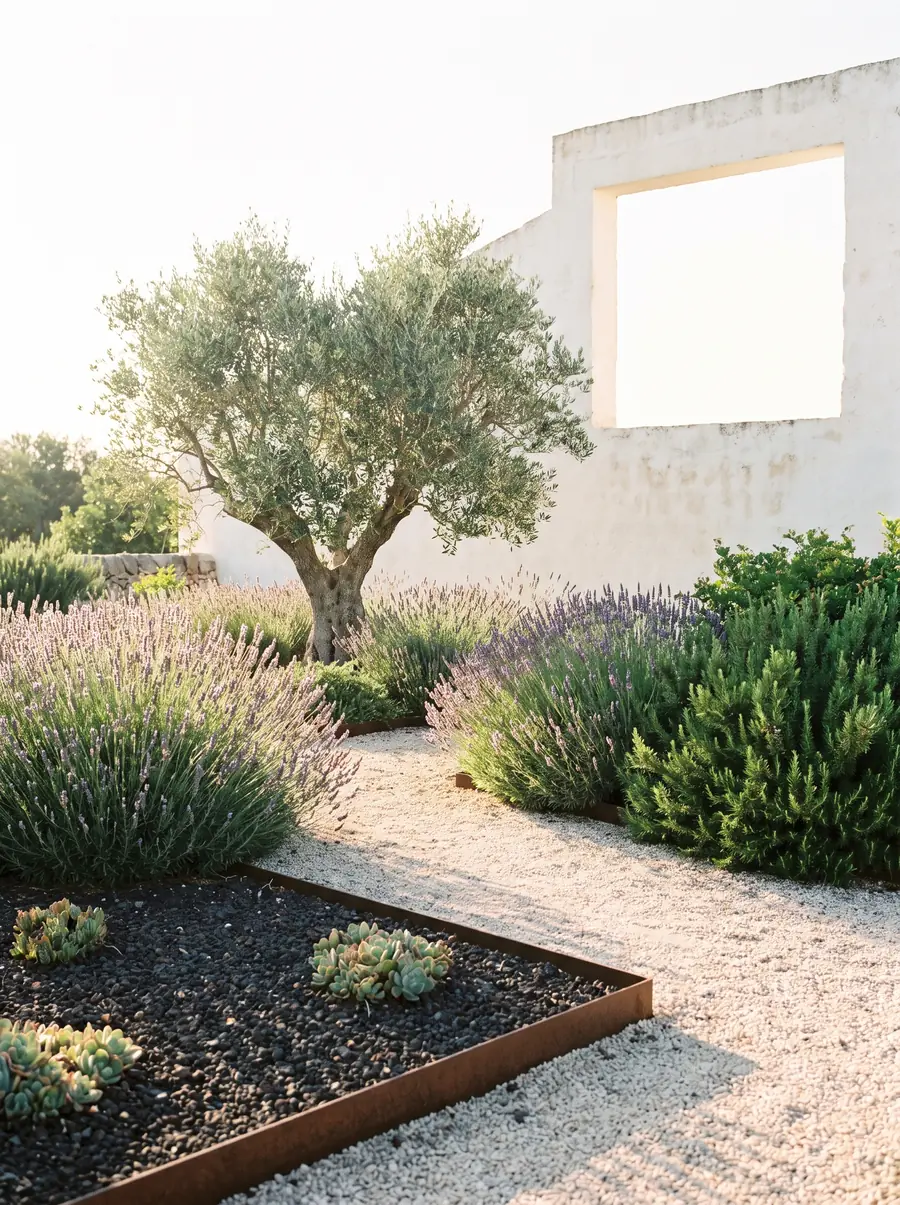 Diseño de jardín mediterráneo con olivo, lavanda y romero sobre grava y bordura de acero corten