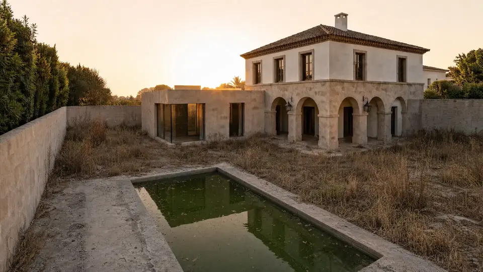 El mismo jardín antes de la obra: tierra seca, maleza y piscina abandonada