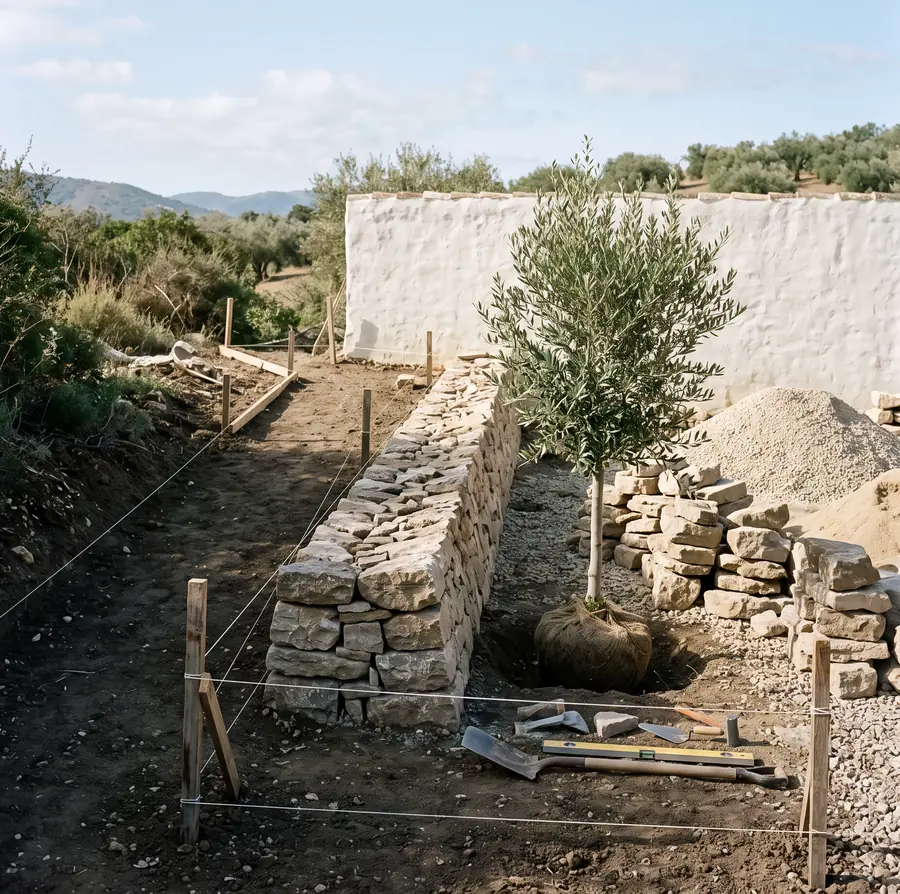 Muro de piedra seca en construcción y movimiento de tierras
