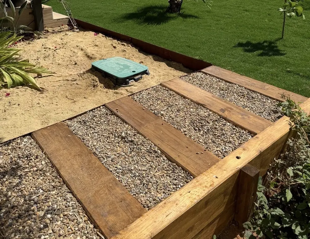 Escalones de traviesas de madera y grava hacia el césped